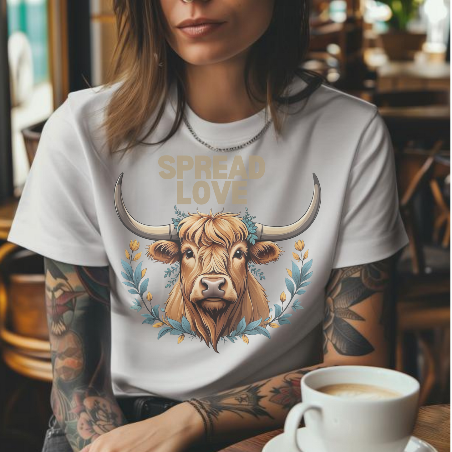 Spread Love Highland Cow T-Shirt - Cute Graphic Tee - Animal Lover Shirt - Scottish Cow Apparel