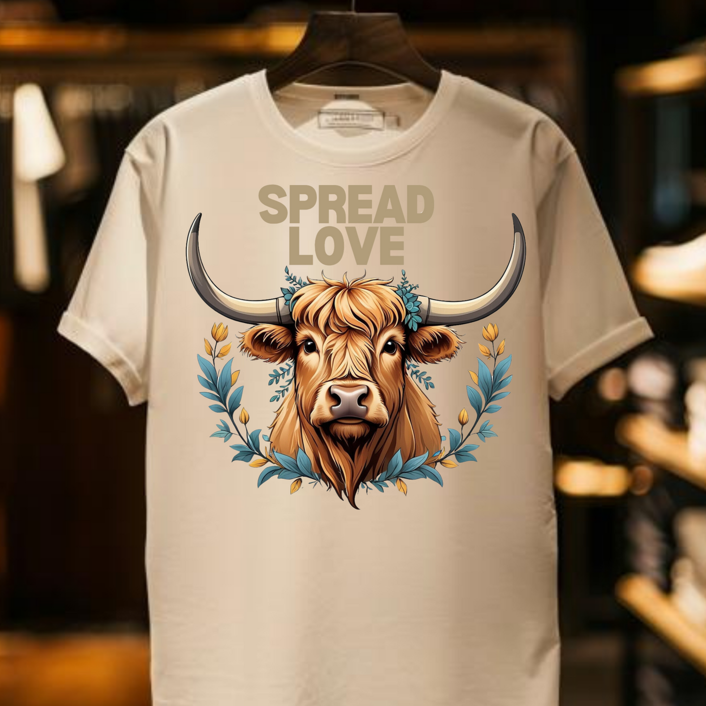 Spread Love Highland Cow T-Shirt - Cute Graphic Tee - Animal Lover Shirt - Scottish Cow Apparel