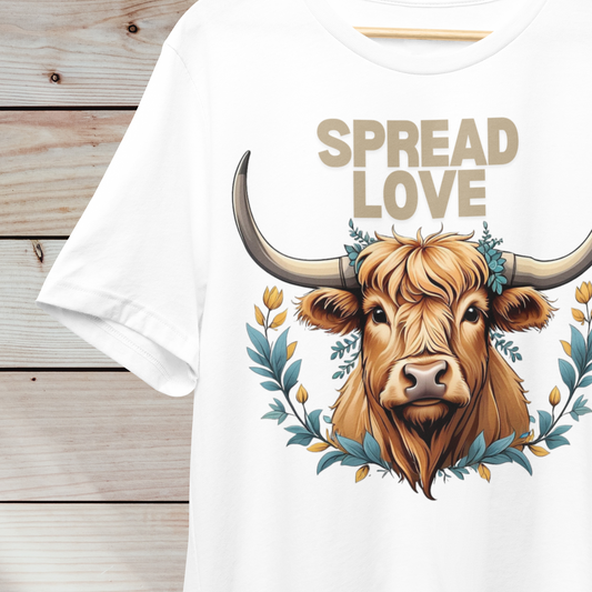 Spread Love Highland Cow T-Shirt - Cute Graphic Tee - Animal Lover Shirt - Scottish Cow Apparel