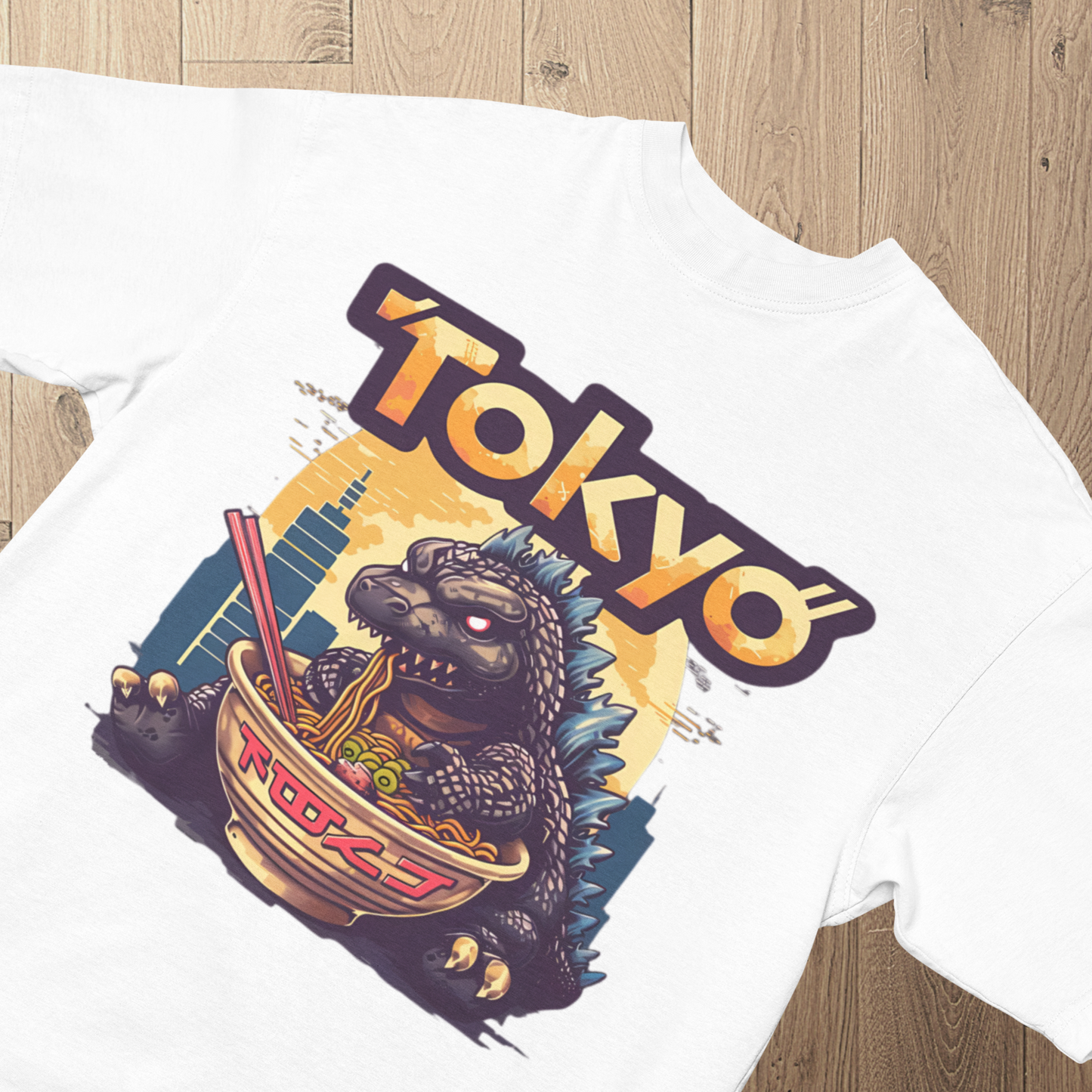 Tokyo Ramen Monster Tee – Kaiju Eating Ramen Graphic T-Shirt – Unique Tokyo-Inspired Design