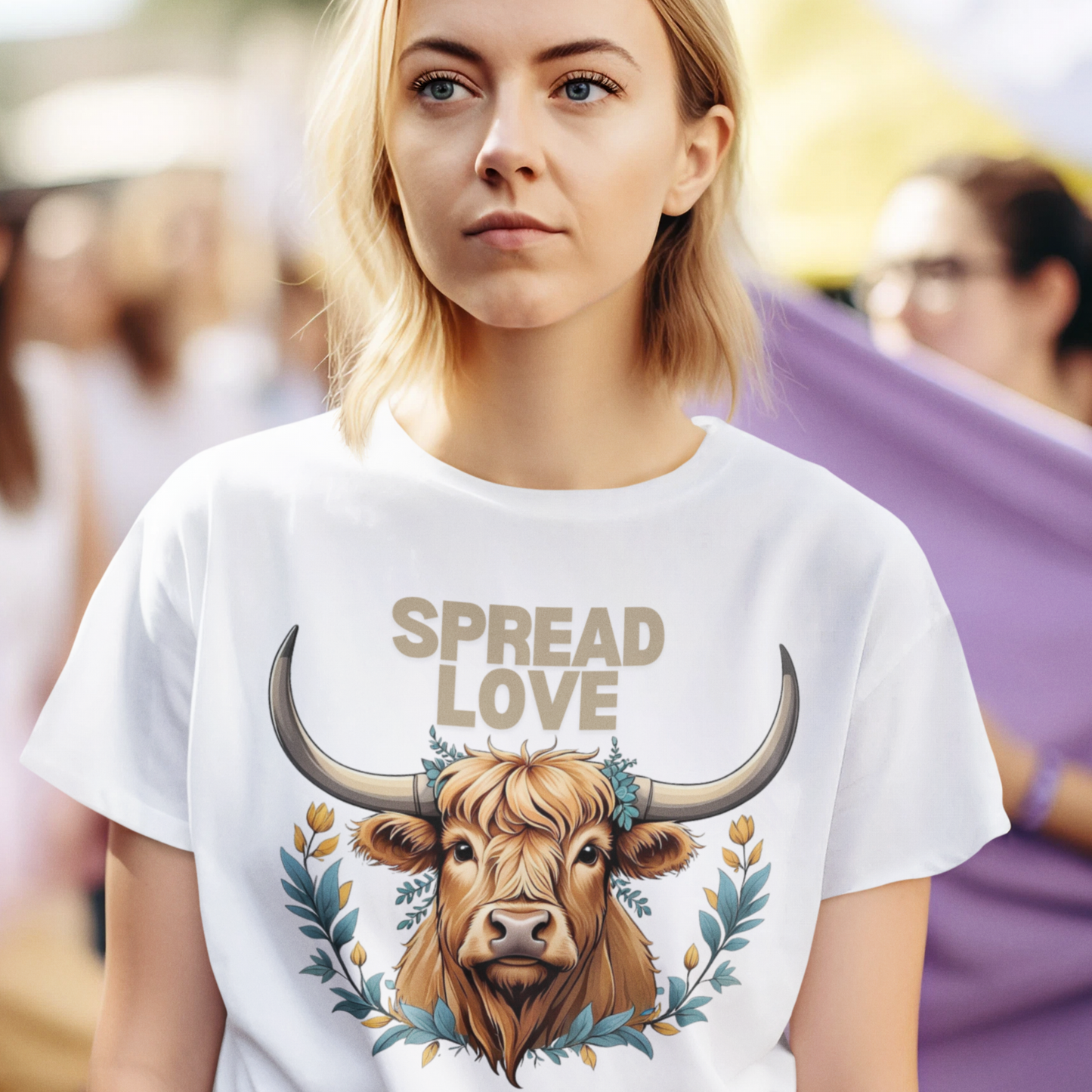 Spread Love Highland Cow T-Shirt - Cute Graphic Tee - Animal Lover Shirt - Scottish Cow Apparel